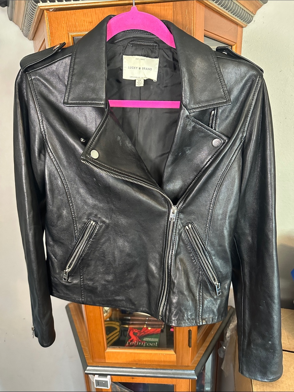 Lucky Brand Black Leather Moto Jacket with Asymmetric Zip